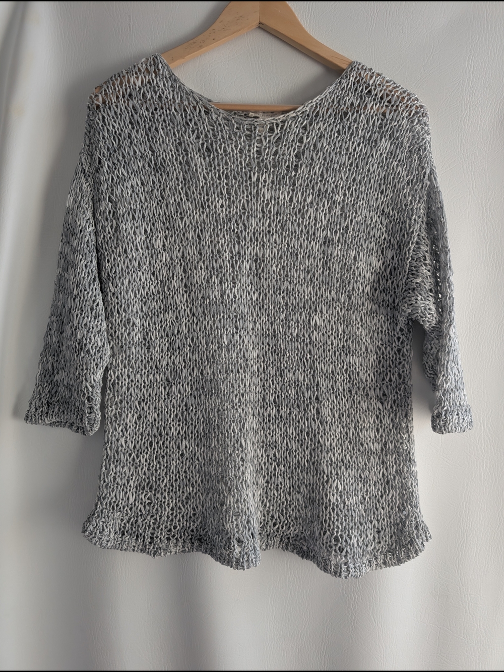 Eileen Fisher Gray Open-Knit Scoop Neck Cotton Sweater - M